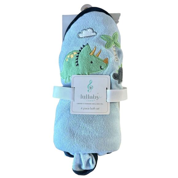 Set of 4 Lullaby Lane Dinosaur Bath Set 28"x28" Hooded Towel & 3 8"x8" Washcloth - Picture 1 of 4